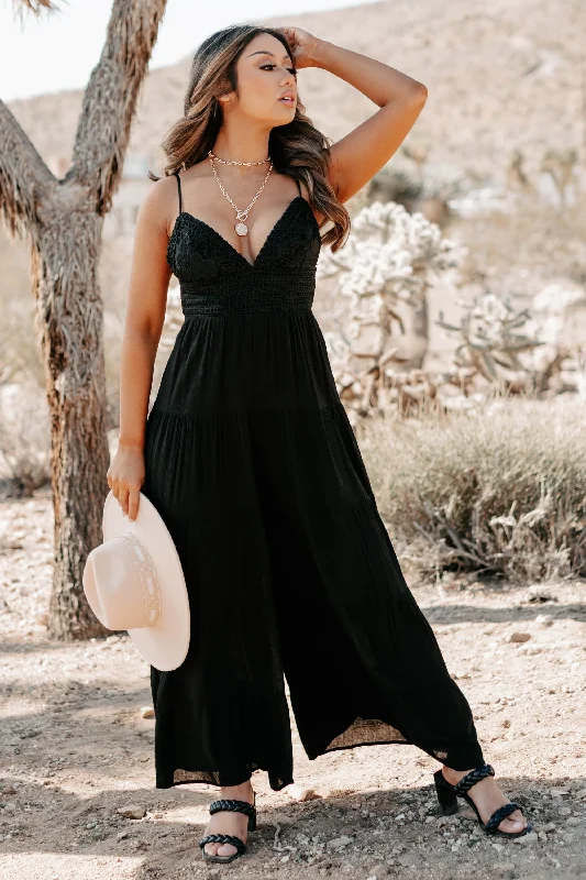 Boho Soul Crochet Lace Wide Leg Jumpsuit (Black)