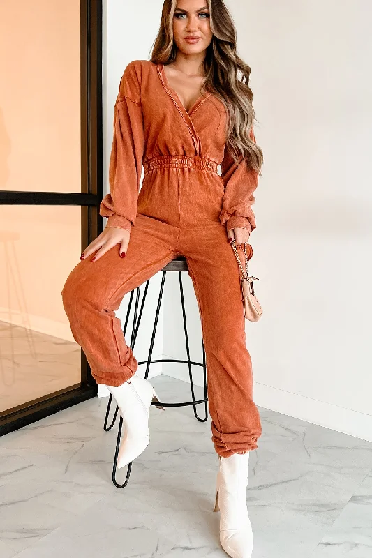 Capable Of Anything Mineral Wash Surplice Jumpsuit (Burnt Orange)