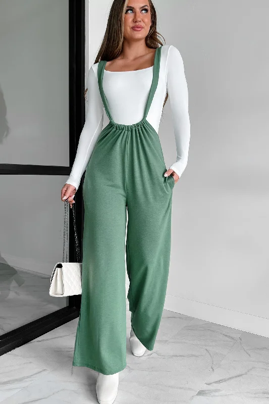 Message Received Wide Leg Suspender Jumpsuit (Military Green)