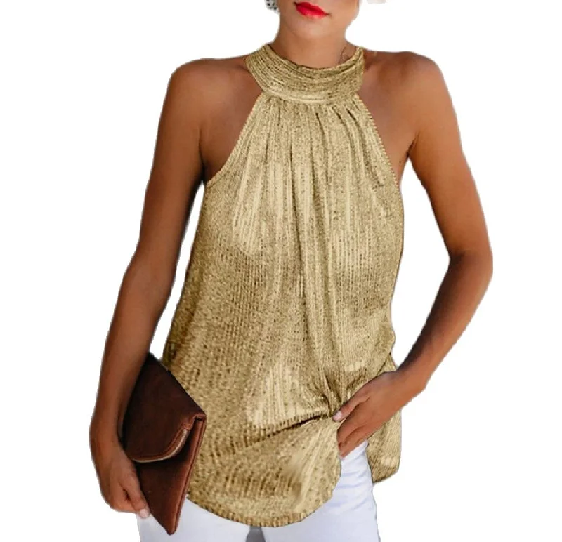 Amy Fashion - Sequin Glitter Strappy Hang-Neck Swing Clubwear Party Night Tank