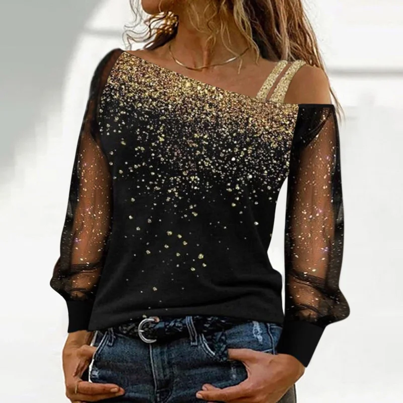 Amy Fashion - Long Sleeve Sequin Cold Shoulder Bling Mesh Sheer Blouse