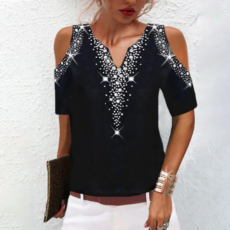 Amy Fashion - Sequined Short Sleeve Cold Shoulder V Neck Printed Club Party Shirt