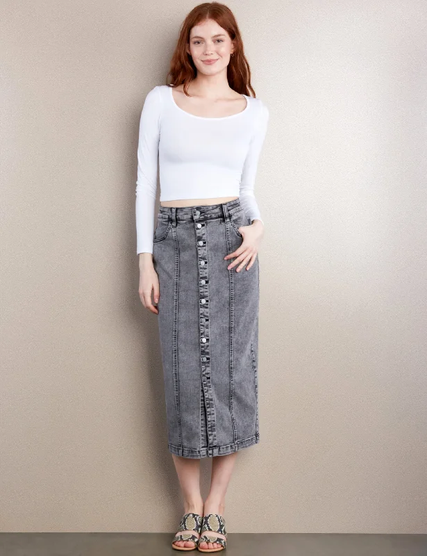 Button Front Midi Seamed Skirt