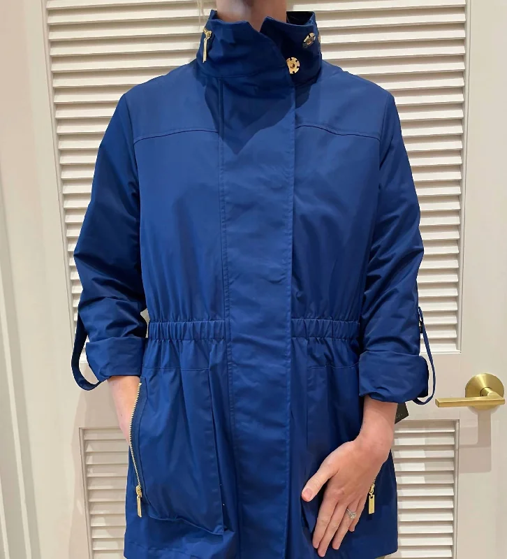 Cinched Waist Rain Jacket In Navy