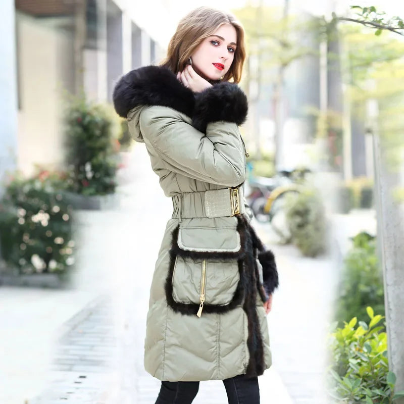 Women's Luxury Natural Mink Fur Hooded Winter Warm Duck Down Coat