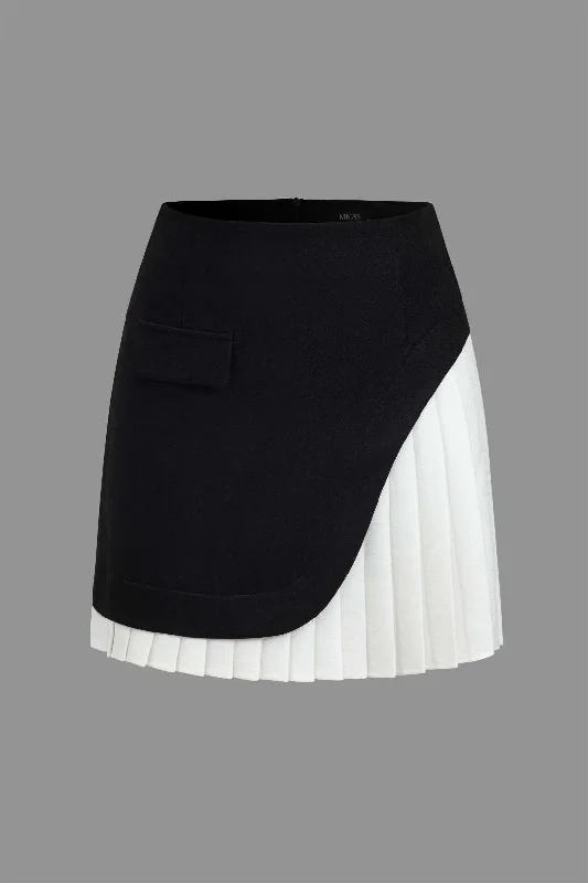 Color Block Pleated Asymmetrical Skirt