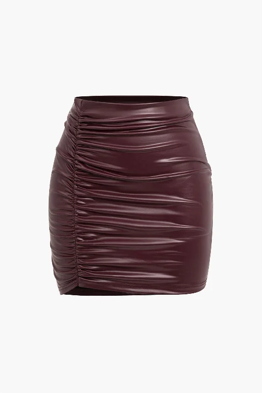 Solid Faux Leather Ruched Skirt