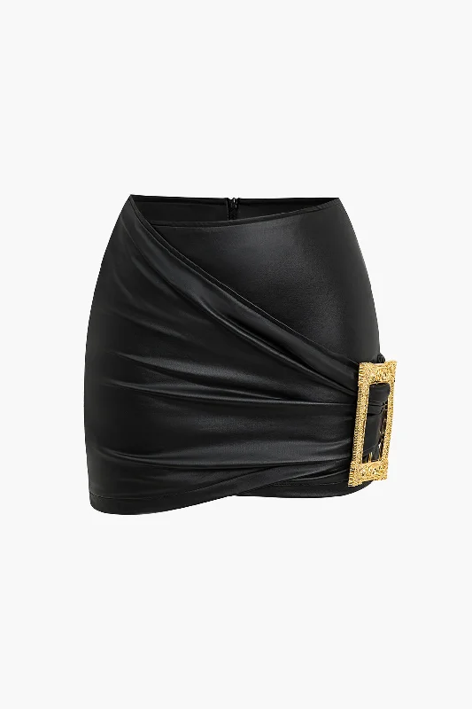 Solid Faux Leather Crossed Asymmetrical Skirt