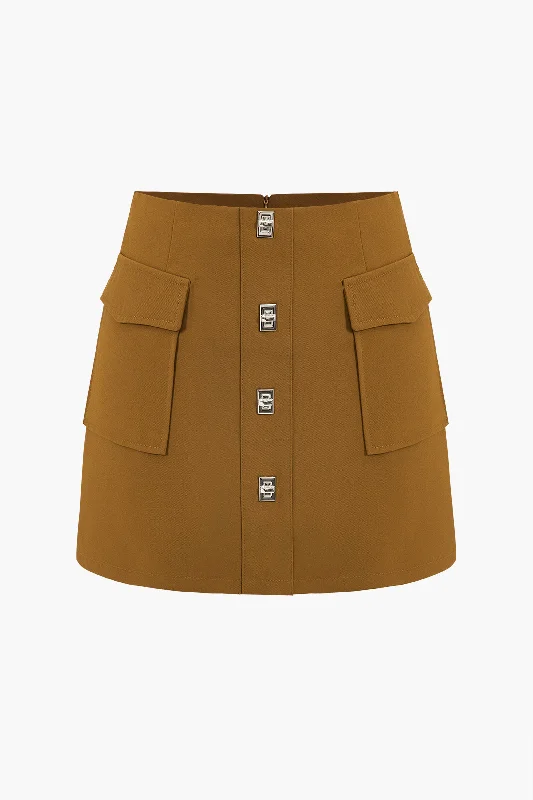 Solid Button Metallic Zipper Skirt