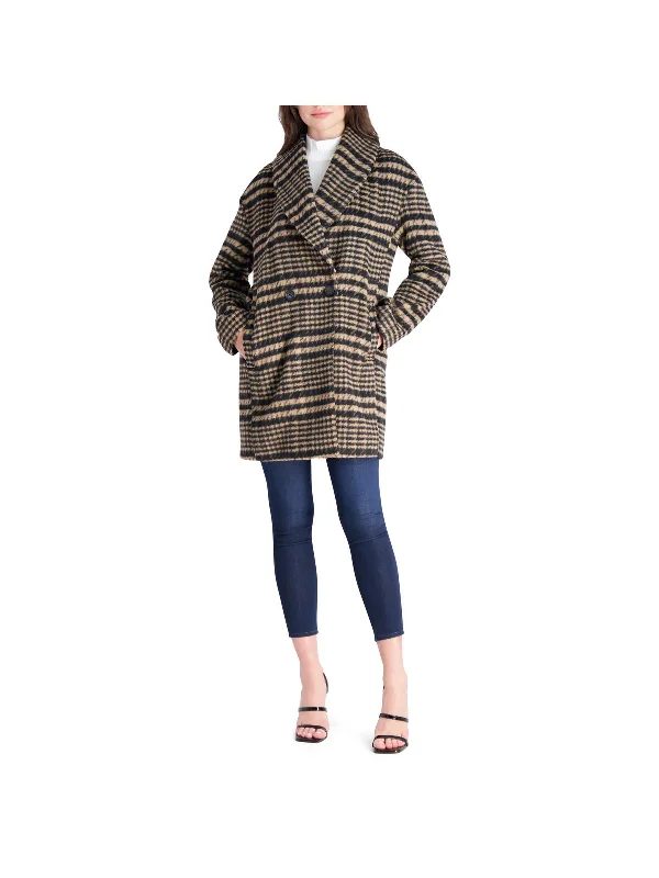 Womens Brushed Faux Wool Plaid Overcoat