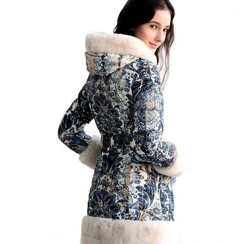 Women's Winter Warm Floral Pattern Real Rex Rabbit Fur Hooded Coat