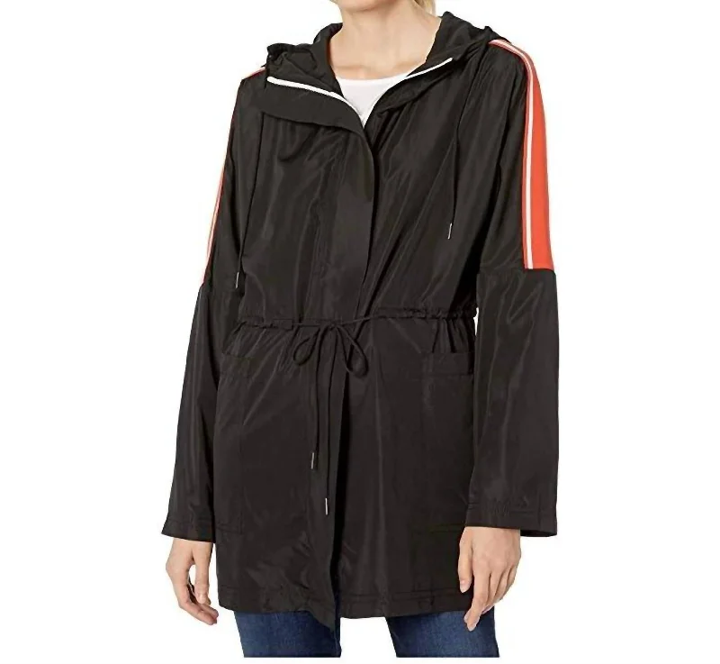 Zip Front Hooded Anorak Jacket With Contrast Tape In Black