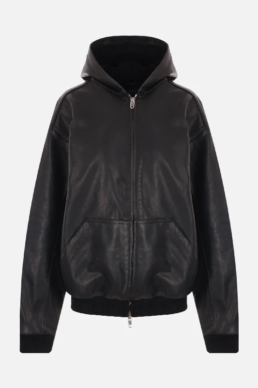 Hoodie Lined oversize leather jacket