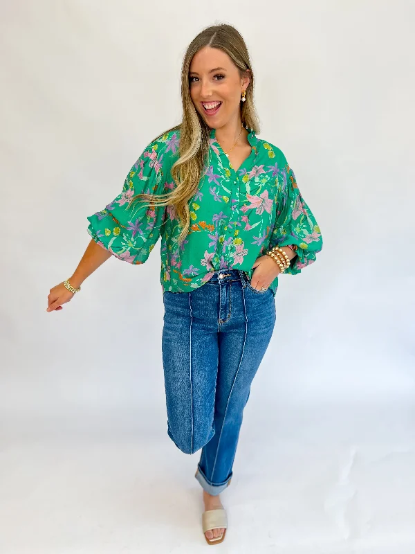 Botanical Beauty Bubble Sleeve Blouse