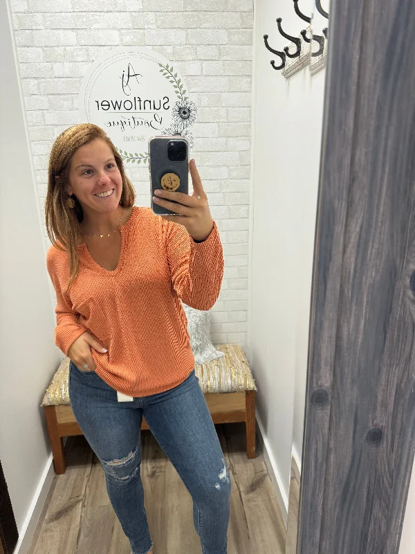 Rustic Charm Ribbed Knit Top- Spice